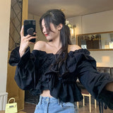 Yipinpay Off Shoulder Blouse Women Slash Neck Ruffles Crop Tops Drawstring Criss Cross V Neck Butterfly Sleeve Chic Ladies Shirts
