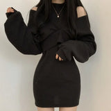 Yipinpay Knit Vest Turtleneck Dress Crop Long Sleeve Off Shoulder Sweater Top Two Piece Sets Vestidos Mujer 2023 Clothes Women