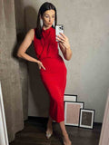 Yipinpay Red Long Dress Women Sleeveless Elegant Party Dresses For Women 2023 Ruched Midi Summer Dress Woman Sexy Evening Dresses