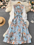 Yipinpay Ethnic Style Print Dress Women Spring New Fashion Puff Sleeve Lace-up Design Sheath 2024 Retro A-Line Long Dress