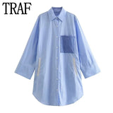 Yipinpay Blue Shirt Dress Woman Patchwork Striped Short Dresses For Women Asymmetric Loose Long Sleeve Dresses Women's Summer Dress