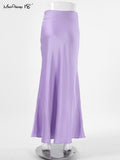 Yipinpay Purple Elegant Women Satin Party Skirts A-Line High Waist Ladies Long Skirt Evening Female Maxi Skirts Loose Summer