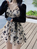 Yipinpay Long Sleeve Knit Cardigan Crop Coat Two-piece Dress Ladies Drawstring Floral V-neck French Suspender Robe Suit Women