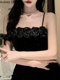 Yipinpay Black Velvet Floral Long Dress Women Vintage Spaghetti Strap Sleeveless Dress Fashion Casual Sexy Evening Party Dress New