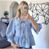 Yipinpay Floral Printing Peter Pan Doll Collar Shirts For Women 2024 Summer Long Sleeve Lace Up Blouse Female Street Lady Chic Tops