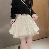 Yipinpay Kawaii Fashion White Mini Skirt Women Lace Ruffle Patchwork Japanese Cute Fairycore High Waist Lolita Skirt Tutu Summer
