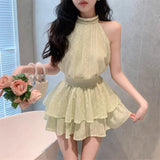 Yipinpay Two Piece Set Women Sleeveless Blouse Embroidery Lace Tank Tops Sexy Sweet Camis Ruffles Mini Skirts Female Elegant Suits