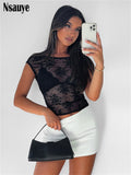 yipinpay Sexy See Through Aesthetic Lace Short Sleeve T Shirt Streetwear Y2K Women Clothes Club Party Crop Tops Tees Sumemr 2023