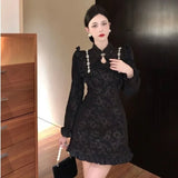 Yipinpay Style Retro Long Sleeve Black Jacquard Cheongsam Mermaid Dress Women Mini Vestido De Mujer Fashion Hollow Sexy Ruffle