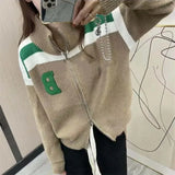 Yipinpay and Autumn Casual All-match Letter Contrast Color Sweater Jacket Double Zipper Stand-up Collar Knitted Cardigan Women