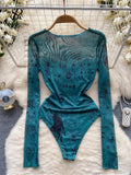 Yipinpay Autumn Mesh Print Playsuits Women O Neck Long Sleeves Slim Y2k Top Fashion Streetwear Open Crotch Sheer Sexy Bodysuits
