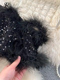 Yipinpay Autumn Elegant Sexy Black Jumpsuits 2024 Europen Fashion Off the Shoulder Feather Patchwork Sequins Slim Long Playsuit