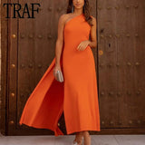 Yipinpay 2023 Asymmetric Knitted Dresses For Women Orange Cape Summer Long Dress Women Off Shoulder Elegant Evening Party Dresses