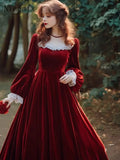 Yipinpay Hepburn Red Velvet Long Dress Spring/Autumn New Square Neck Long Sleeve Waist Slim Red Antique Vintage Dress for Women