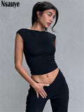 yipinpay Sleeveless Women Basic Y2K Sexy Club Mini Slim Crop Tops T Shirt Set Streetwear 2023 Casual Hollow Out Black Tank Tops