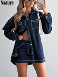 yipinpay Women Fashion Vintage Casual Denim Set 2023 Loose Long Sleeve Shirt Blouse Tops Mini Wrap Sexy Club Skirt Two Piece Set