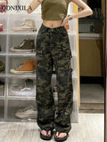 Yipinpay Baggy Vintage Camouflage Green Women's Cargo Pants High Wist Straight Casual Korean Fashion Jeans Bottoms Denim Trousers