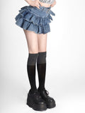 Yipinpay Belts Y2k Pleated Denim Skirt Women Sexy Egirl Double Layer Ruffle Patchwork High Waist Jean Skirt Shorts Punk Summer