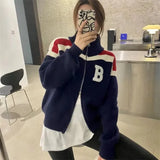 Yipinpay and Autumn Casual All-match Letter Contrast Color Sweater Jacket Double Zipper Stand-up Collar Knitted Cardigan Women