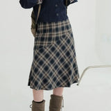 Yipinpay Contrast British Plaid Half Skirts for Women Autumn/Wonter Art Retro Academy Style High Waist A-line Mid Length Skirt