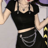 Yipinpay Women Goth Crop Tops T-shirts Summer Slim-fit Gothic Solid Color Short Sleeve V-neck T-shirt Women y2k Clothes