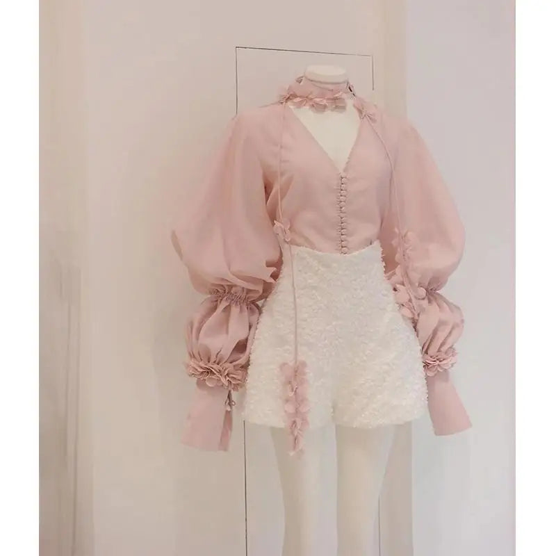 Yipinpay Sets Korean Lace Up Pink Chiffon Shirt Spring Summer 2 Piece Outfit Sets Flower Top Tassel Shorts Wide Leg Short Pants 0406