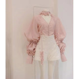 Yipinpay Sets Korean Lace Up Pink Chiffon Shirt Spring Summer 2 Piece Outfit Sets Flower Top Tassel Shorts Wide Leg Short Pants