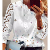 Yipinpay Women's Shirts Fashion Elegant Long Sleeve Butterfly Print Office Lady Top White Women Ruffled Hollow Out Blouse Female Clothing