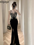 Yipinpay Temperament Dresses Women Sleeveless Velvet Patchwork Butterfly Backless Slim Split Mermaid Dress Sexy Elegant Party