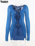 yipinpay Sexy Mesh Long Sleeve Women Blue 2023 Bodycon V Neck Party Dress Summer Outfits Ruffles Night Club Mini Dress See Through