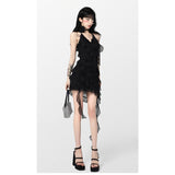 yipinpay Women's Suspender Dress Sleeveless Holiday Romantic Sexy Style Korean Fashion Irregular Black Chiffon Short Skirt Dress