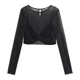 Yipinpay Spring 2024 Women Sexy Semi-sheer Patchwork Mesh T Shirt Long Sleeve O Neck Black Tee Summer Crop Top