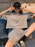 Yipinpay Summer Women's Shorts Sets Polo Lapel Loose Short Sleeve T-Shirt Wide Leg Skirt Shorts 2-piece Set Casual Fashion Preppy