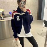 Yipinpay and Autumn Casual All-match Letter Contrast Color Sweater Jacket Double Zipper Stand-up Collar Knitted Cardigan Women