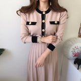 Yipinpay O Neck Chic Button High Waist Pink Sweater Dress Bodycon Pleated Women Knit Dress Vestidos 2023 Elegant Clothes Dresses