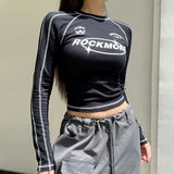 Yipinpay Streetwear Black Slim Y2k Crop Top Women Aesthetic Letter Print Round Neck Long Sleeve T-Shirts Graphic Grunge Clothes
