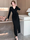 Yipinpay Sexy Dresses Women French Style Chic Bandage Elegant Slim Split V Neck Solid Vintage Dress Autumn Winter Ladies Basic