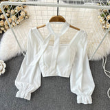 Yipinpay Woman's Blusas Korean Vintage Square Collar Long Sleeve Chiffon Blouses Women Back Elastic Kawaii Crop Top White Shirt