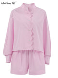 Yipinpay Pink Cotton Shorts Sets Woman Two Piece Elegant Stand Collar Shirts And Hot Pants Suits With Shorts Office Lady 2023