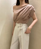 Yipinpay OL Shirts Off Shoulder Short Sleeve Pleated Shirt Women Temperament Top Blusas De Mujer Black Chiffon Blouse Slim