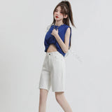 Yipinpay Waisted Denim Shorts Women Summer Korean Fashion Y2k Bottoms White Retro Blue Black Jeans Knee Length Female Jean Short