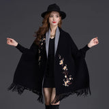 Yipinpay Winter Can Wear Shawl Scarf Dual-use Embroidery With Sleeves Wool Cashmere Thick Tassel Cloak Female