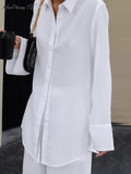 Yipinpay White Street Style Cotton Linen Pants Suits Women Casual 2-Pieces Sets Lapel Shirts And Wide Legs Pants Office Sets