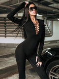 Yipinpay Shoulder Pads Long Sleeve Jumpsuit Women Summer Cross Bandage Sexy Jumpsuits Femme Black V-Neck Bodycon Overalls