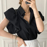 Yipinpay Black Shirts Women Camisa Feminina Blusas Single Breasted Palace Style Puff Tops Lantern Short Sleeve Blouse Summer Shirt