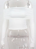 Yipinpay MO Off-shoulder Long Sleeve White Top Women 2023 Spring Sexy Slim Fit Ruched T-shirt Casual Basics Clothes Vest