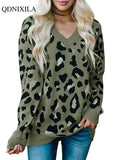 Yipinpay Autumn Winter New V-Neck Pullover Long Sleeve Top Crochet Knitting korean style Leopard Jacquard Women's Blouses Sweaters