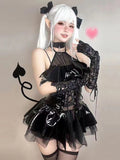 Yipinpay Sexy Cosplay Pu Dress Women Harajuku Streetwear Grunge Bandage Hollow Out Bats Dress Punk Y2k E-girl Mall Gothic Clothes