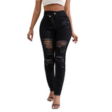 Yipinpay New High Waist Diagonal Button Design Ripped Jeans For Women Fashion Stretch Slim Denim Pencil Pants Skinny Trousers XS-2XL