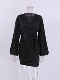 Yipinpay Party Ruched Sexy Dress Women Lantern Sleeve V-Neck Satin Short Dress With Sashes Clubwear Spring 2023 Solid Dresses